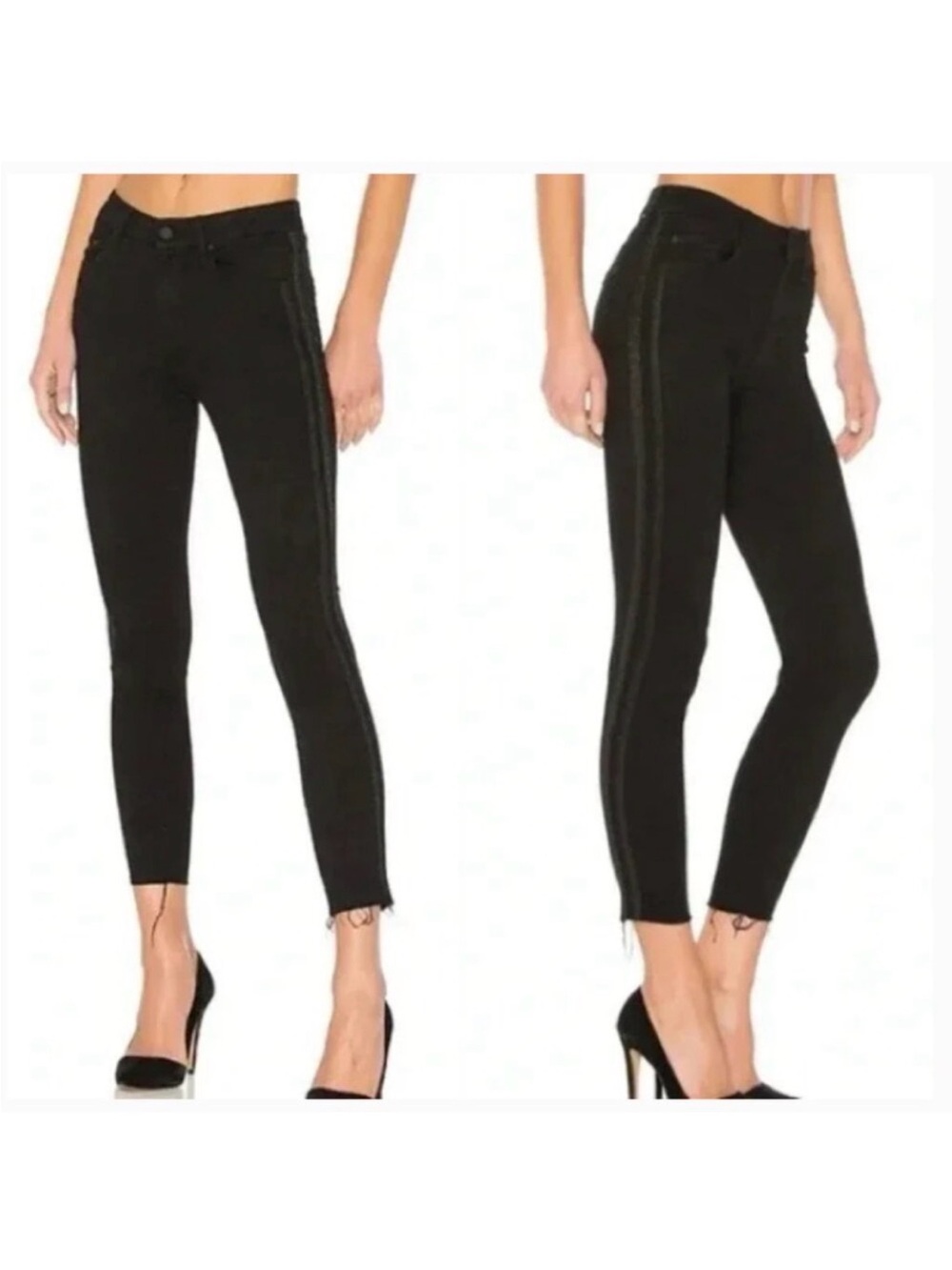 MOTHER Black High Waist Looker Ankle Fray Jeans in Guilty Party Racer Stripe 26
